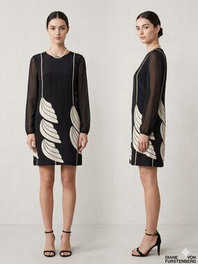 Diane Von Furstenberg Black 100% Silk "Bizzy" Wing Print Sheath Dress Size Small